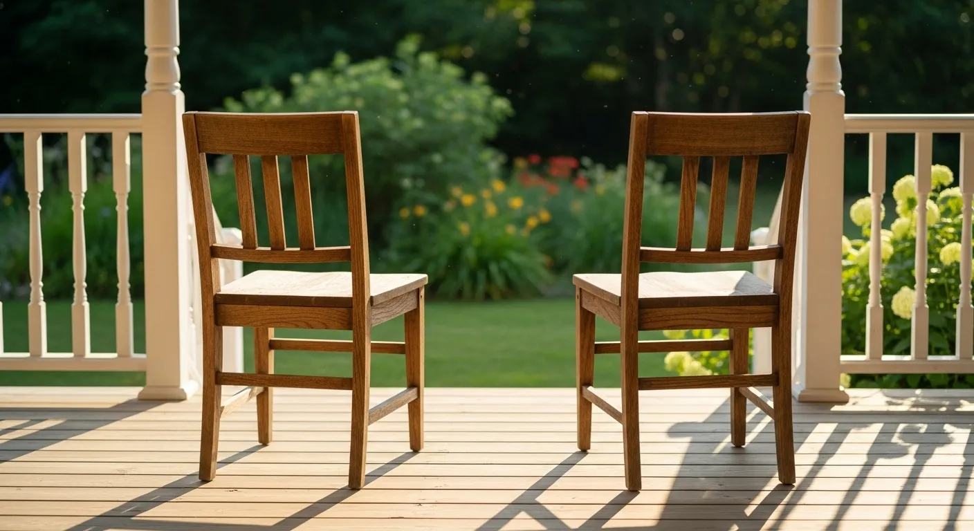 Two empty wooden chairs sit side-by-side on a sunny porch overlooking a tranquil garden.