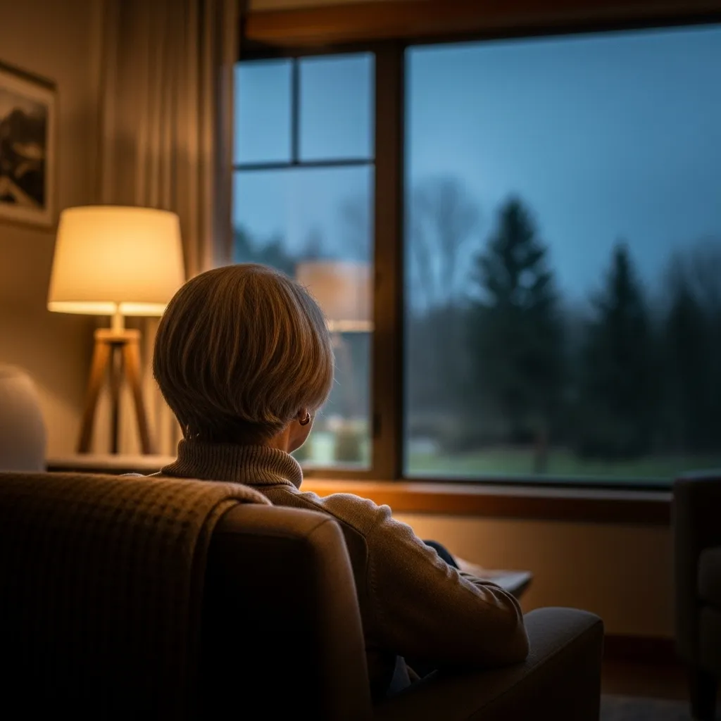 A person seen from behind looks out a window in the evening, their silhouette framed by the warm light of a nearby lamp.