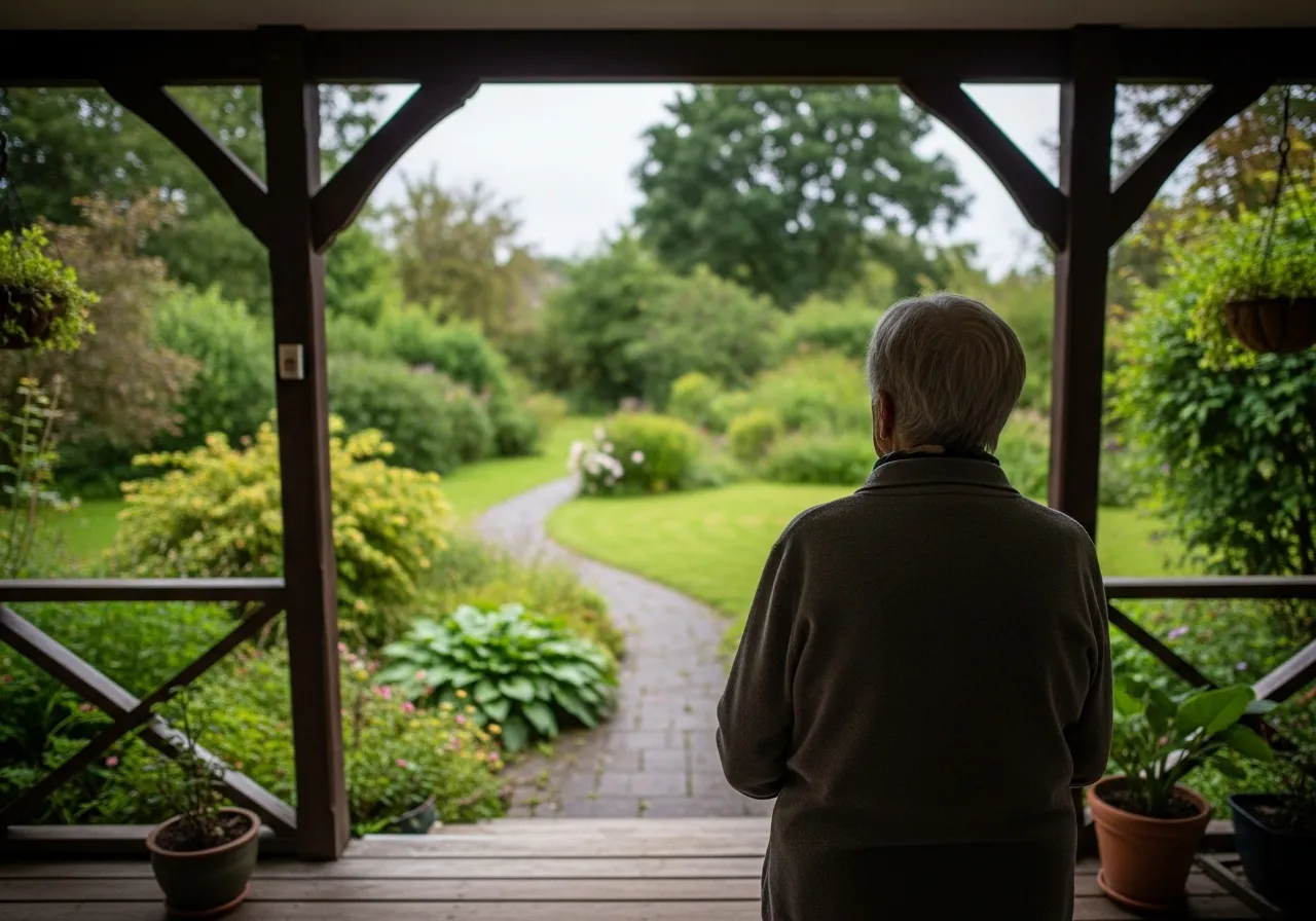 An older person seen from behind, standing on a porch and looking out at a tranquil garden, symbolizing peaceful future planning.