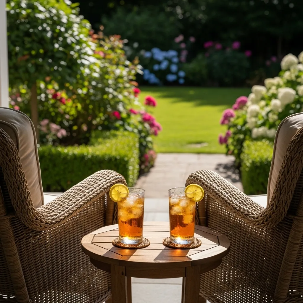 Two empty armchairs on a sunny porch overlooking a garden, representing the peace and quiet of a shared retirement.