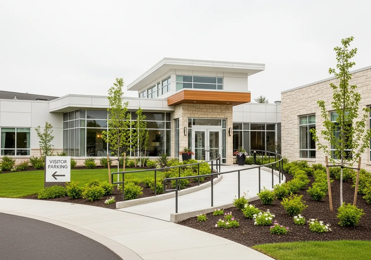 The accessible entrance to a modern healthcare facility with a blurred directional sign on a cloudy day.