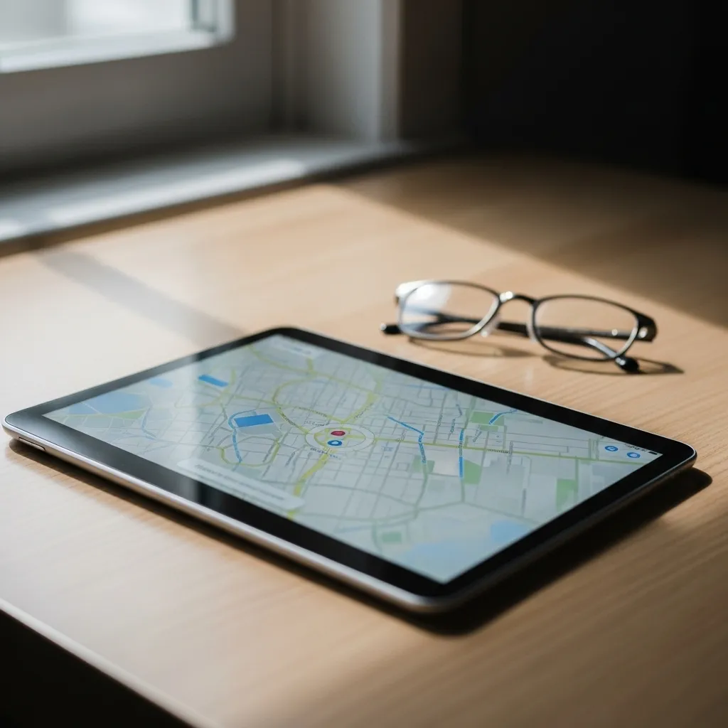 A tablet with a blurred map on its screen sits on a wooden desk next to a pair of reading glasses in soft daylight.