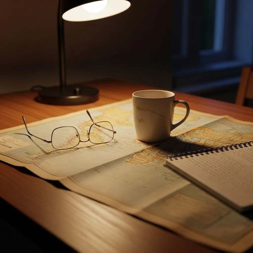 A well-lit desk at night with a map, reading glasses, and a notebook, indicating someone is planning a journey or move.