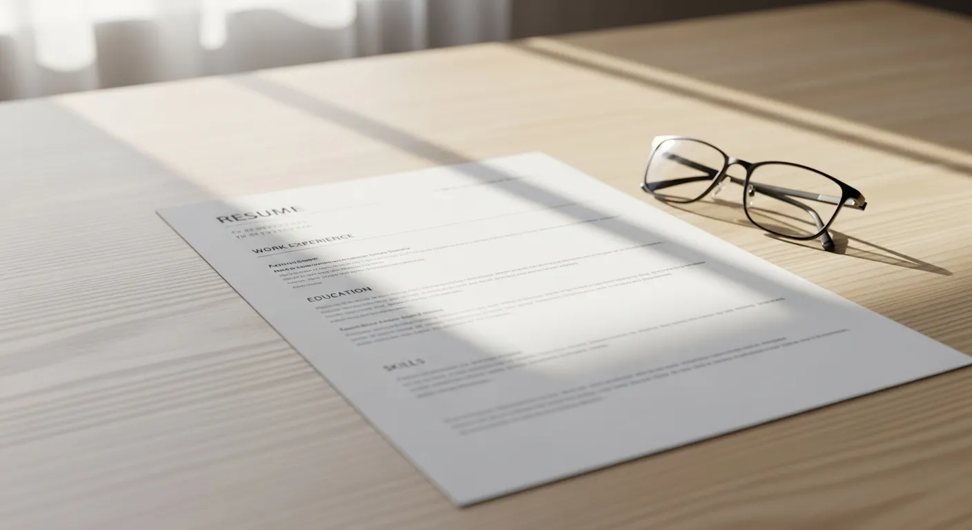 A modern resume and a pair of reading glasses resting on a sunlit wooden desk.