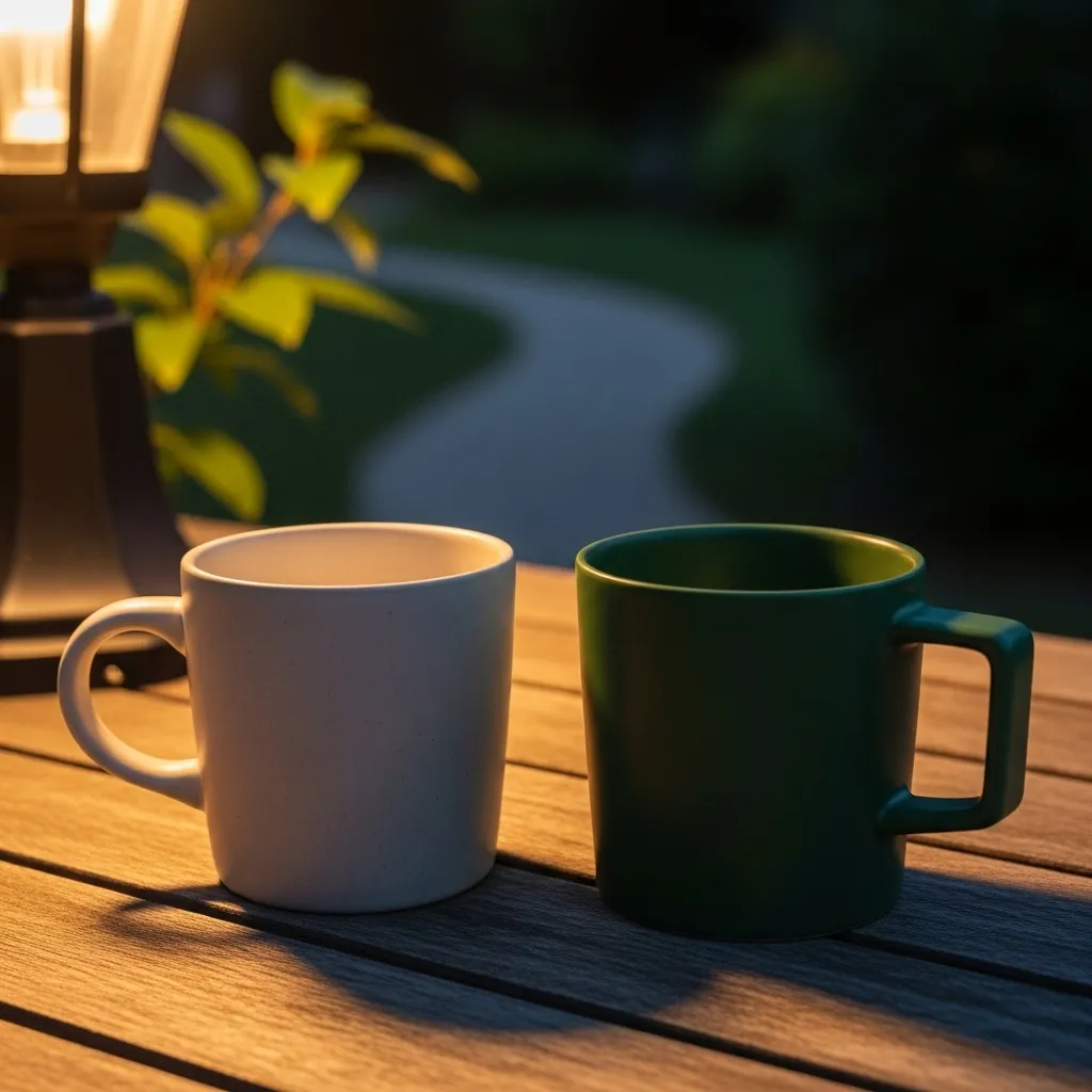 Two coffee mugs sit on a rustic wooden table on a porch at dusk, with a softly blurred garden path in the background.