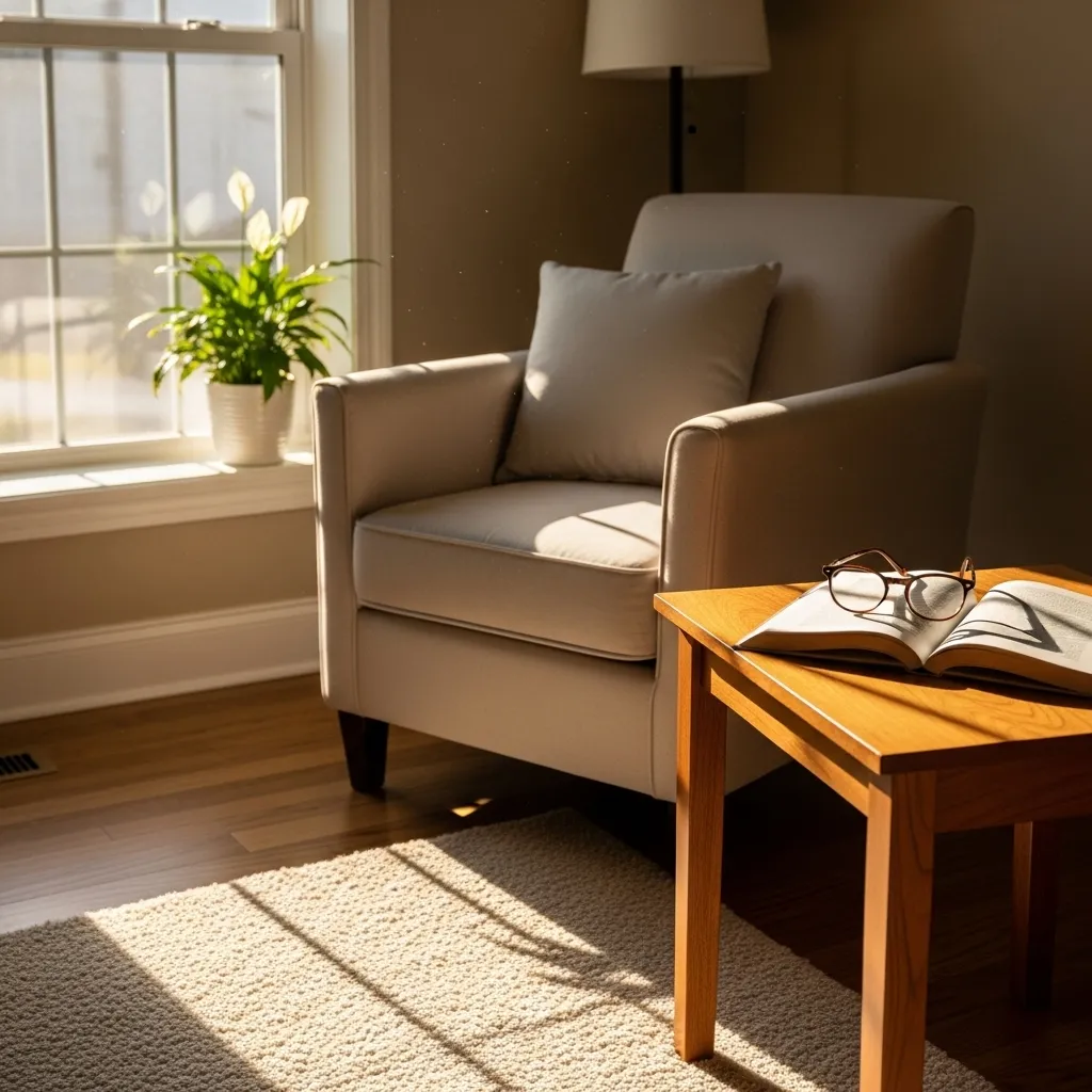 A comfortable armchair with a book and reading glasses on a side table, set in a sunlit, peaceful corner of a home.