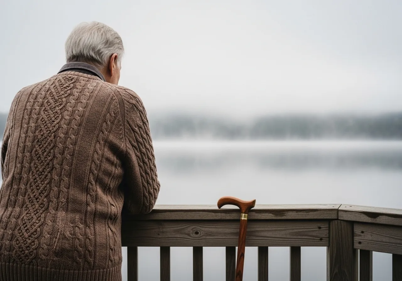 An older person seen from behind, looking out at a calm lake from a deck on a cloudy day, with a walking cane resting on the railing.