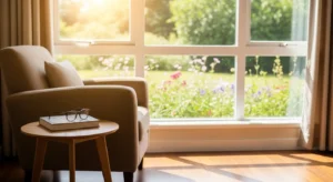 A comfortable empty armchair sits next to a sunlit window with a book and glasses on a side table, suggesting a peaceful retirement.