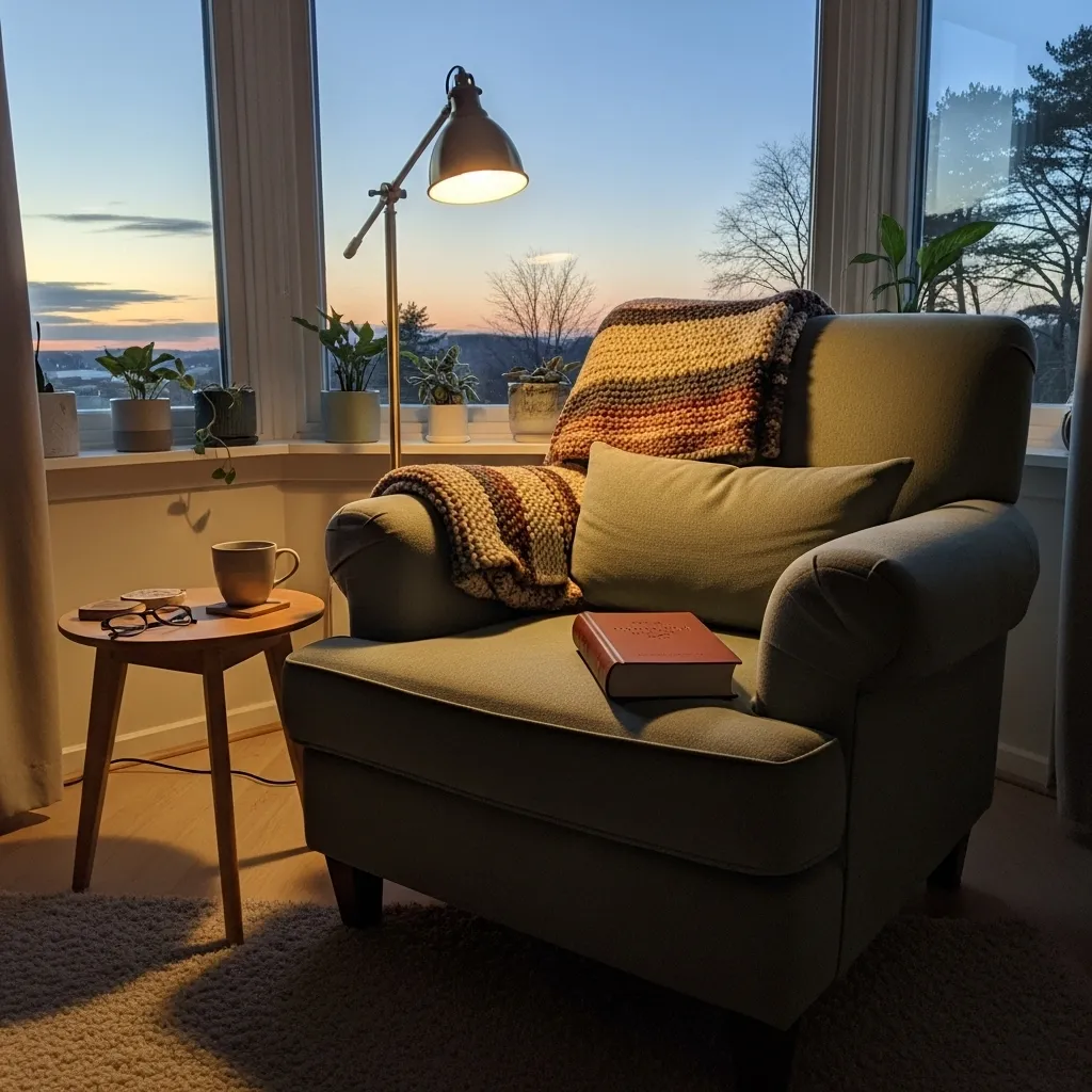 A comfortable armchair with a book on its arm, lit by a warm lamp next to a window at dusk, symbolizing a peaceful retirement.