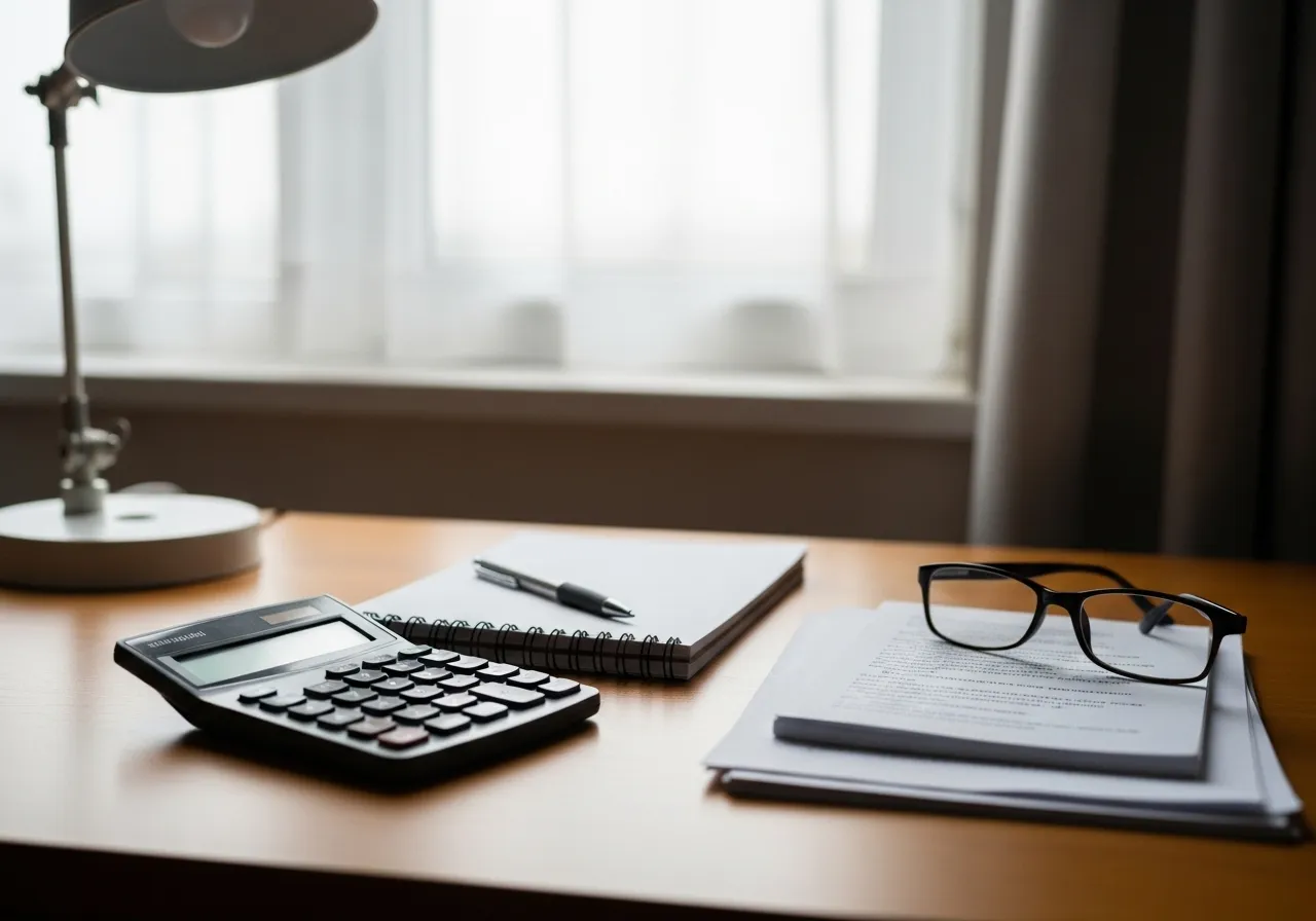 A tidy desk with a calculator, notepad, and reading glasses, set up for retirement budget planning in soft daylight.