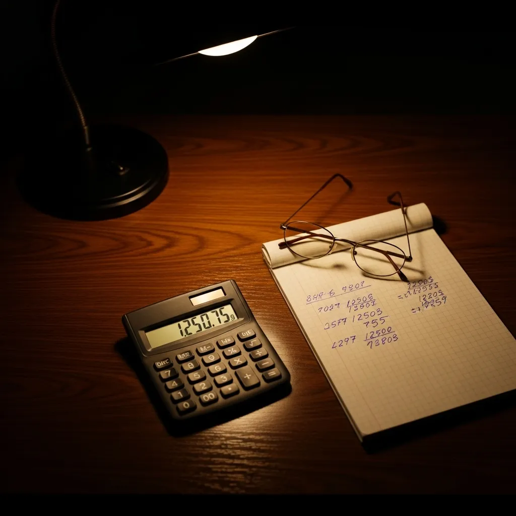 A calculator, notepad, and reading glasses on a wooden desk under warm lamplight, symbolizing careful retirement planning.