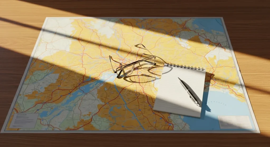 A desk with a large road map, reading glasses, and a notepad, symbolizing the planning of a financial journey for retirement.