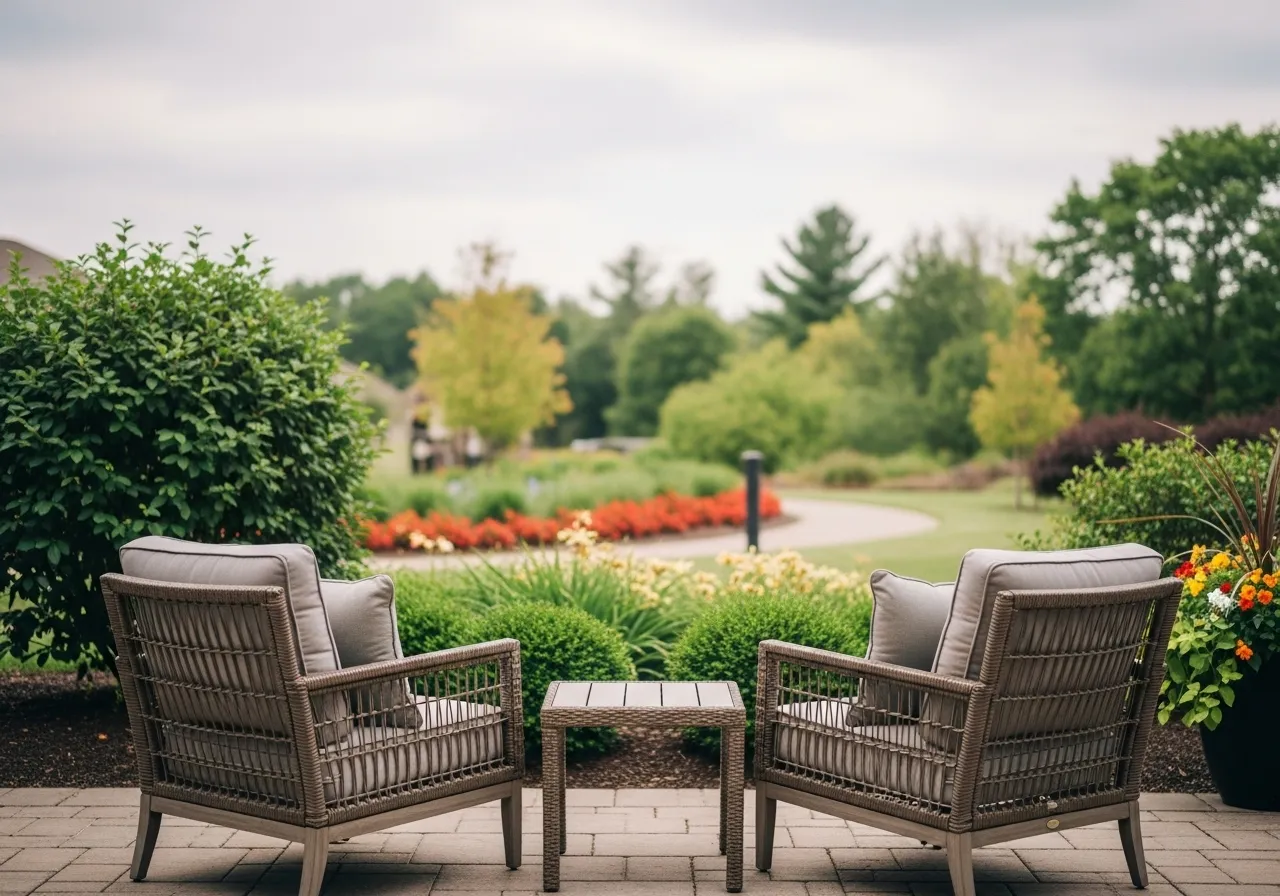 Two empty chairs on a quiet patio, representing social connection and relaxation in a retirement community.