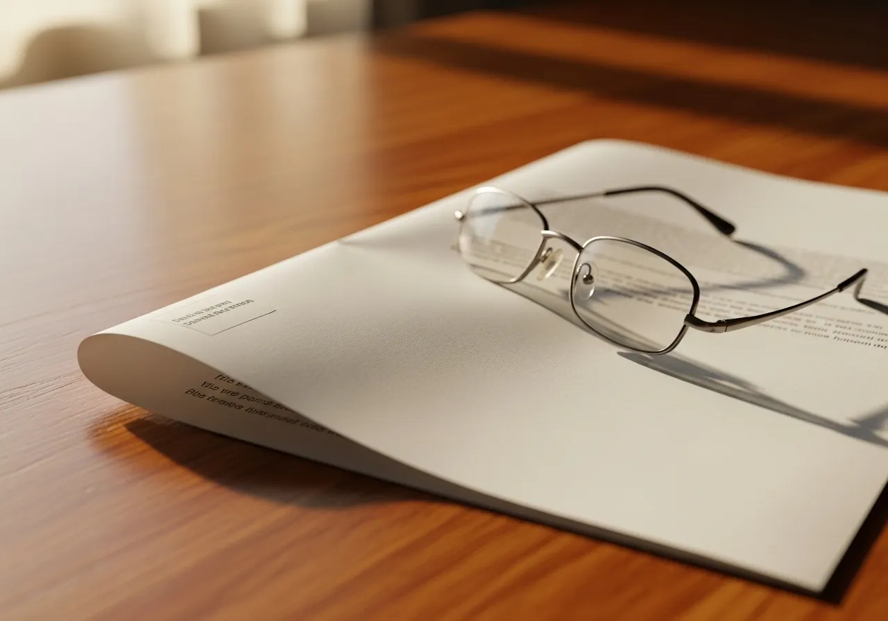 An official-looking letter and a pair of reading glasses sit on a sunlit wooden desk, with all text unreadable.