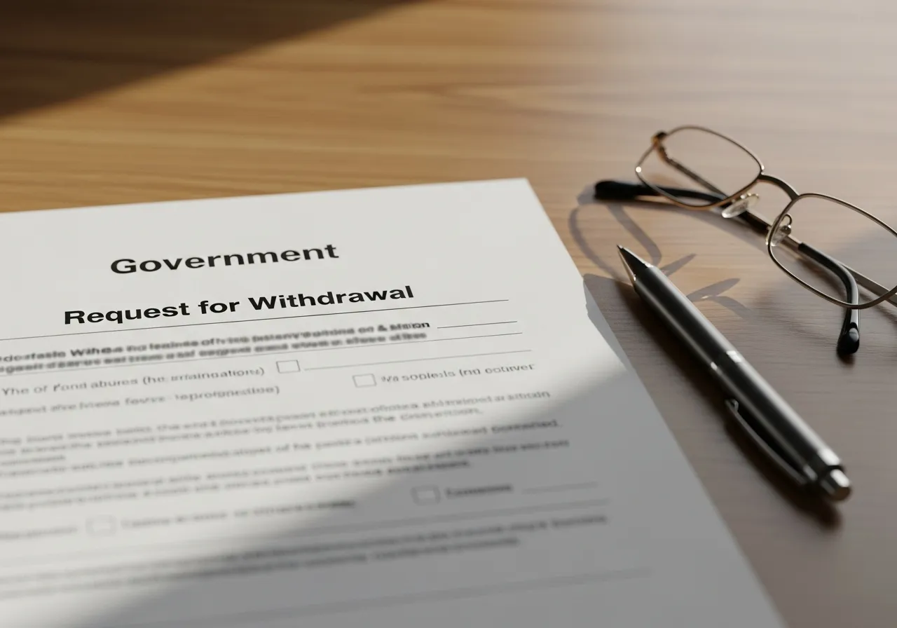 A generic government form for withdrawal lies on a desk next to a pen and reading glasses, suggesting a serious financial decision.