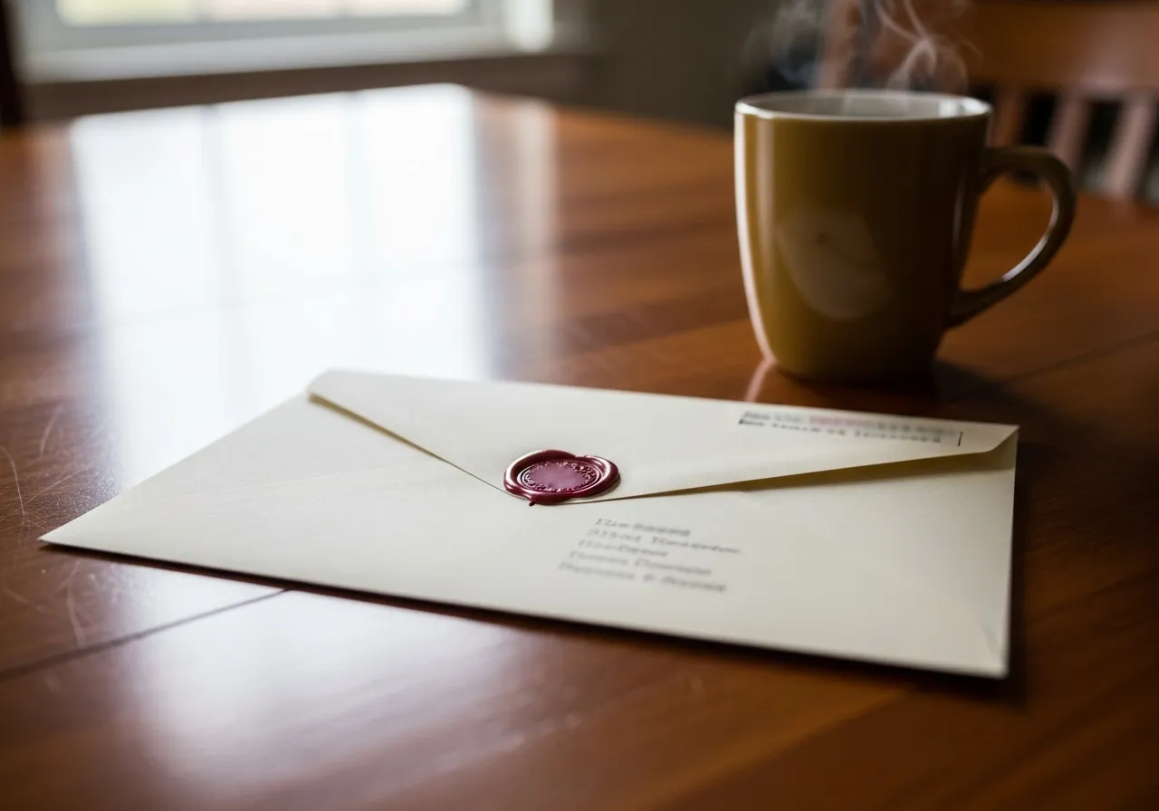 A sealed government-style envelope and a coffee mug on a wooden table, illuminated by soft daylight.