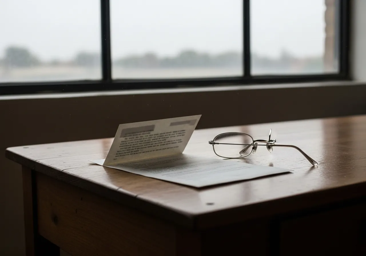 An official-looking letter with blurred text and a pair of reading glasses sit on a wooden desk in soft daylight.