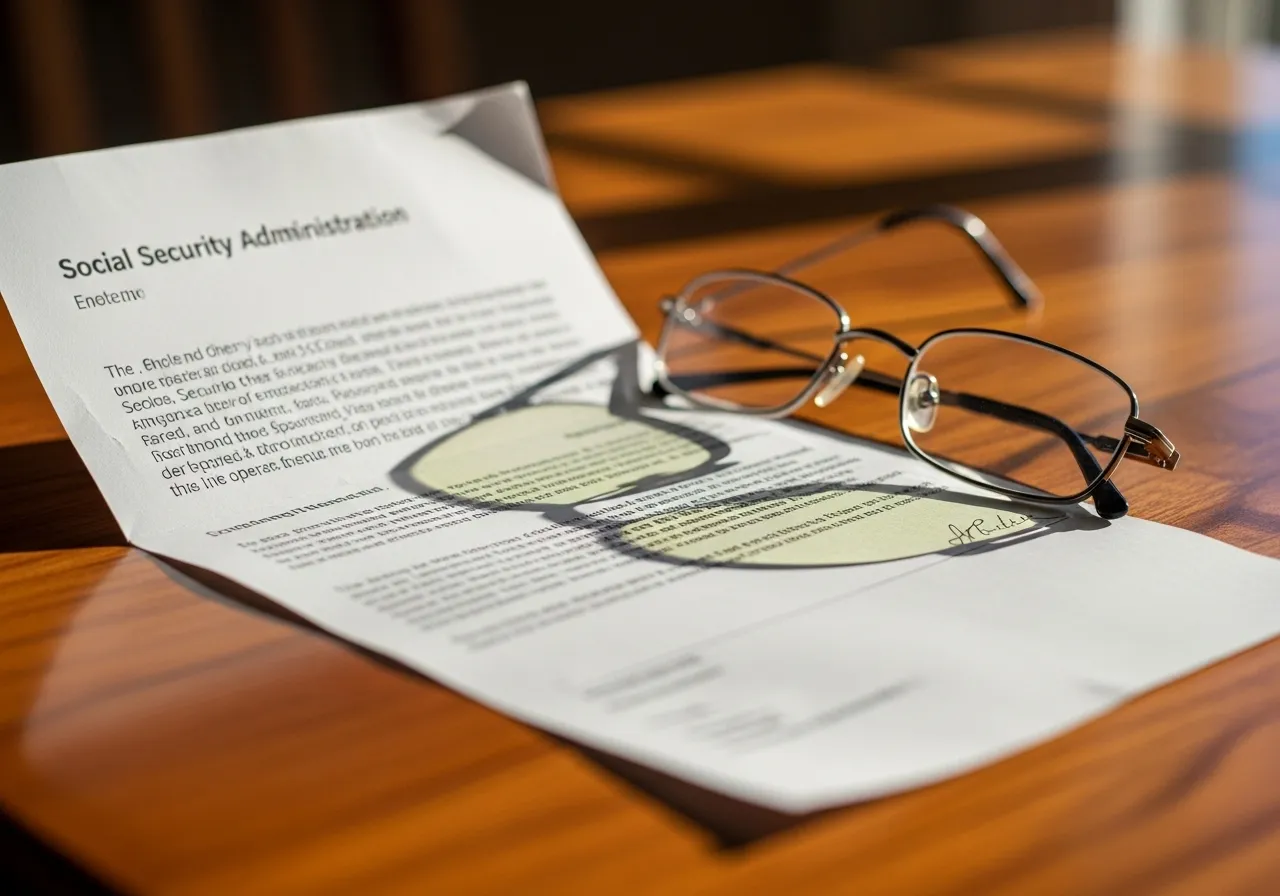 A Social Security letter and reading glasses on a wooden table, illuminated by soft morning sunlight from a window.