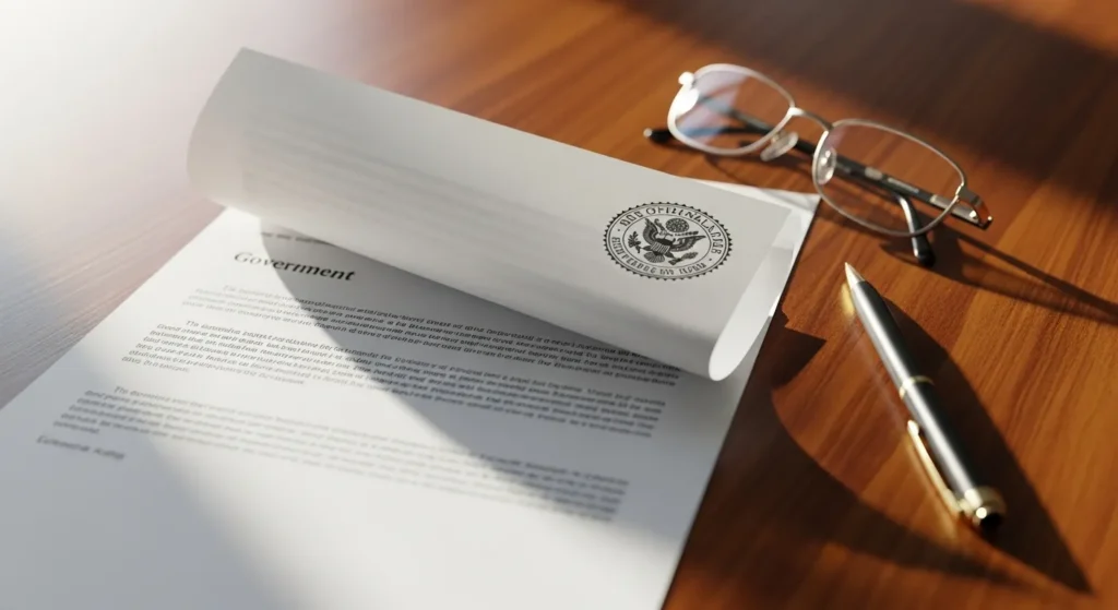 A close-up of a desk with a generic government letter, reading glasses, and a pen in natural daylight.
