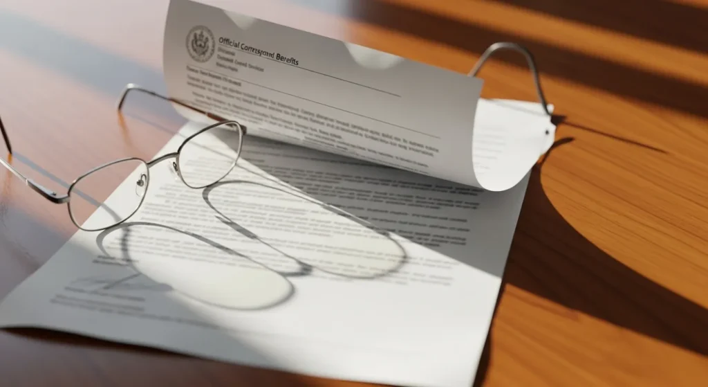A close-up of a generic Social Security letter and reading glasses on a sunlit wooden desk.