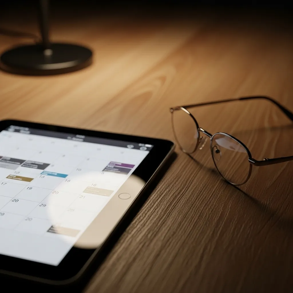 A tablet with a blurred screen and a pair of reading glasses on a table, lit by a warm lamp.