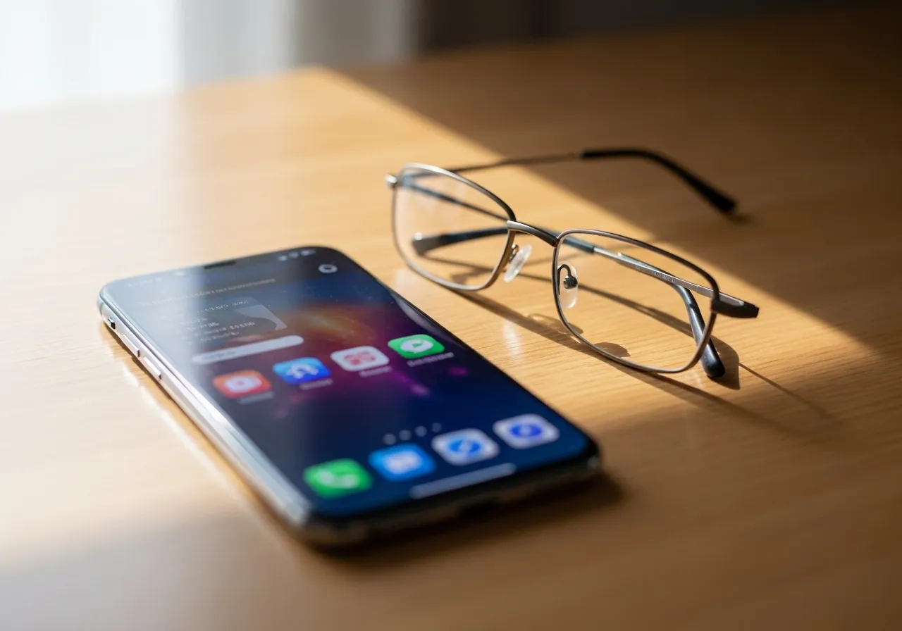 A smartphone and reading glasses on a sunlit table, representing easy-to-use digital financial services for seniors.