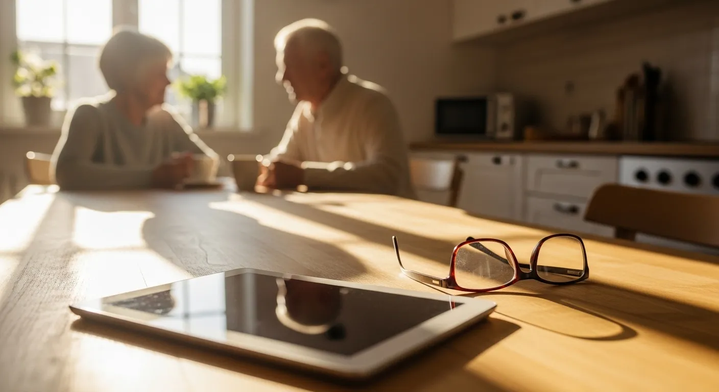 A generic tablet and reading glasses on a kitchen table, with a senior couple blurred in the background.