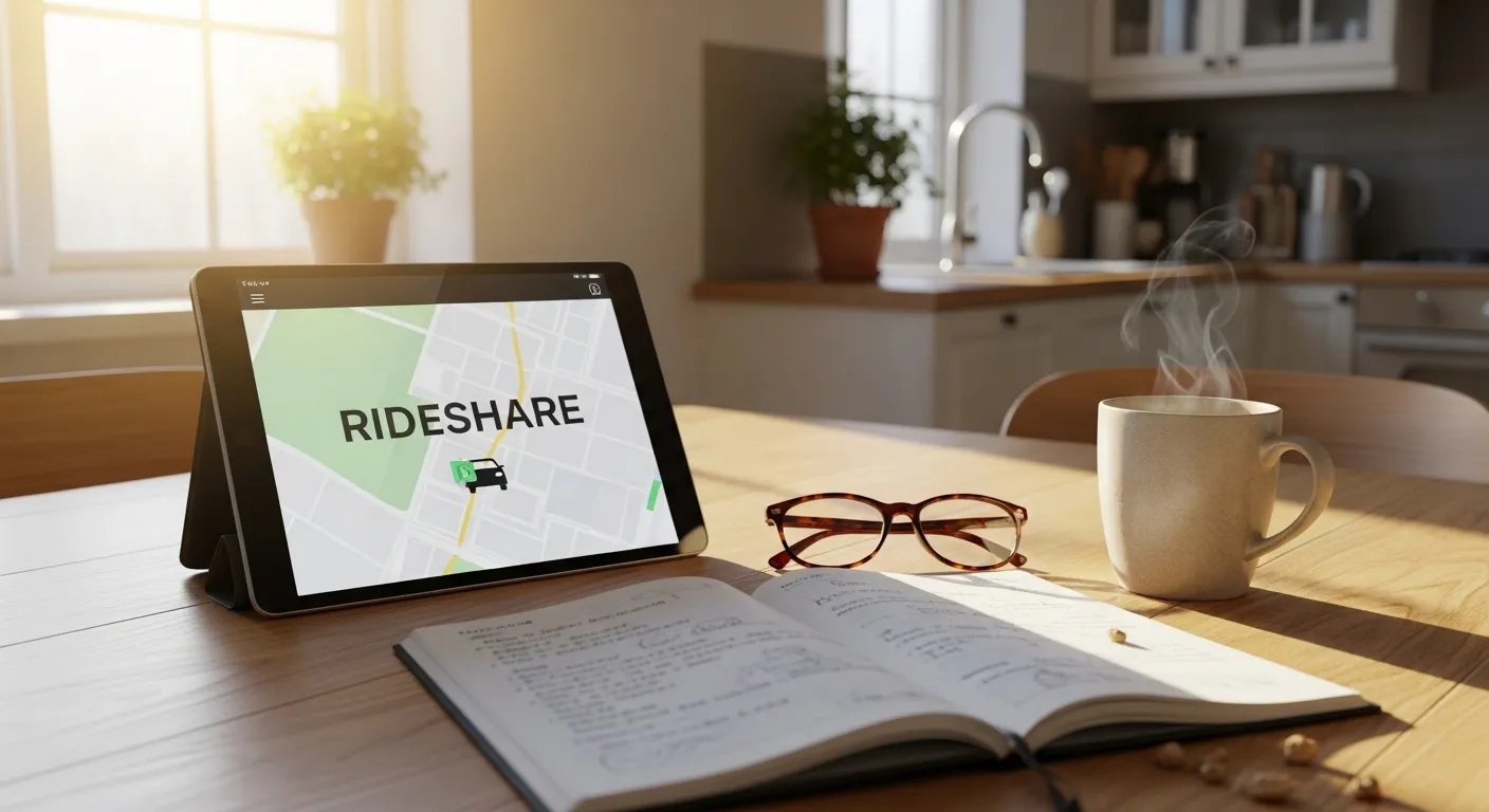 A tablet computer showing a blurred app sits on a kitchen table next to reading glasses and a planner, suggesting a senior organizing their transporta