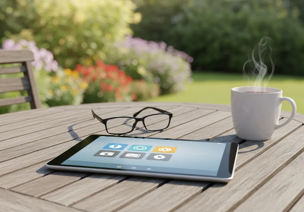 A tablet computer with large icons sits on a garden patio table next to reading glasses and a mug, representing a relaxed retirement lifestyle.