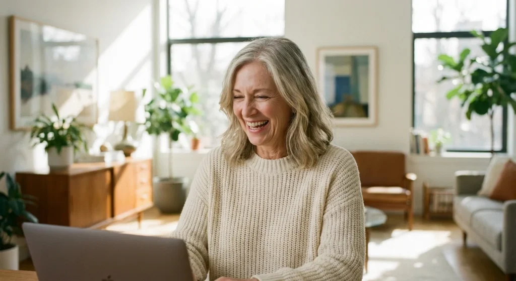 A smiling senior woman using a laptop in a bright, modern living room.