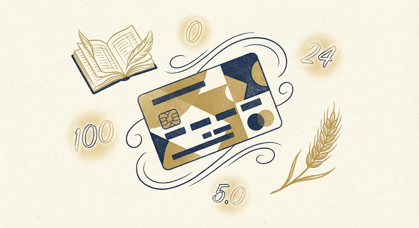 Editorial illustration of a credit card surrounded by vintage financial symbols in navy and gold.