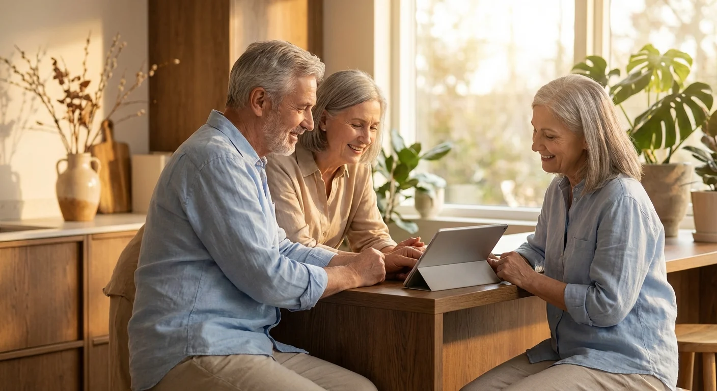 A senior couple calmly reviewing financial information on a tablet in a sunlit, modern kitchen.