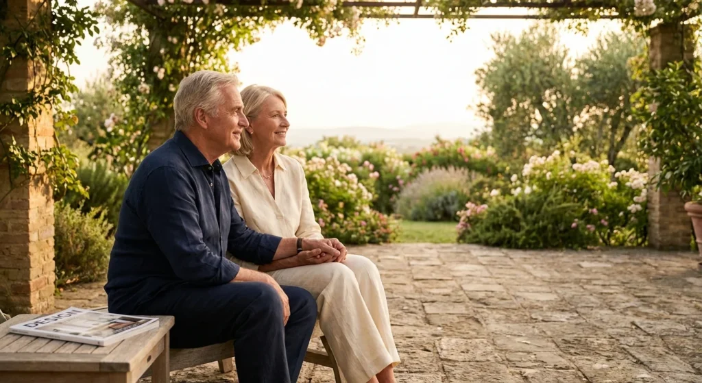A senior couple sitting together on a sunny patio, looking toward the future with confidence.