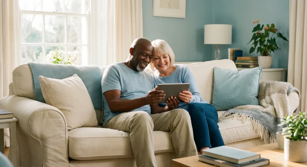 A happy senior couple looking at a tablet in a bright, cozy living room.