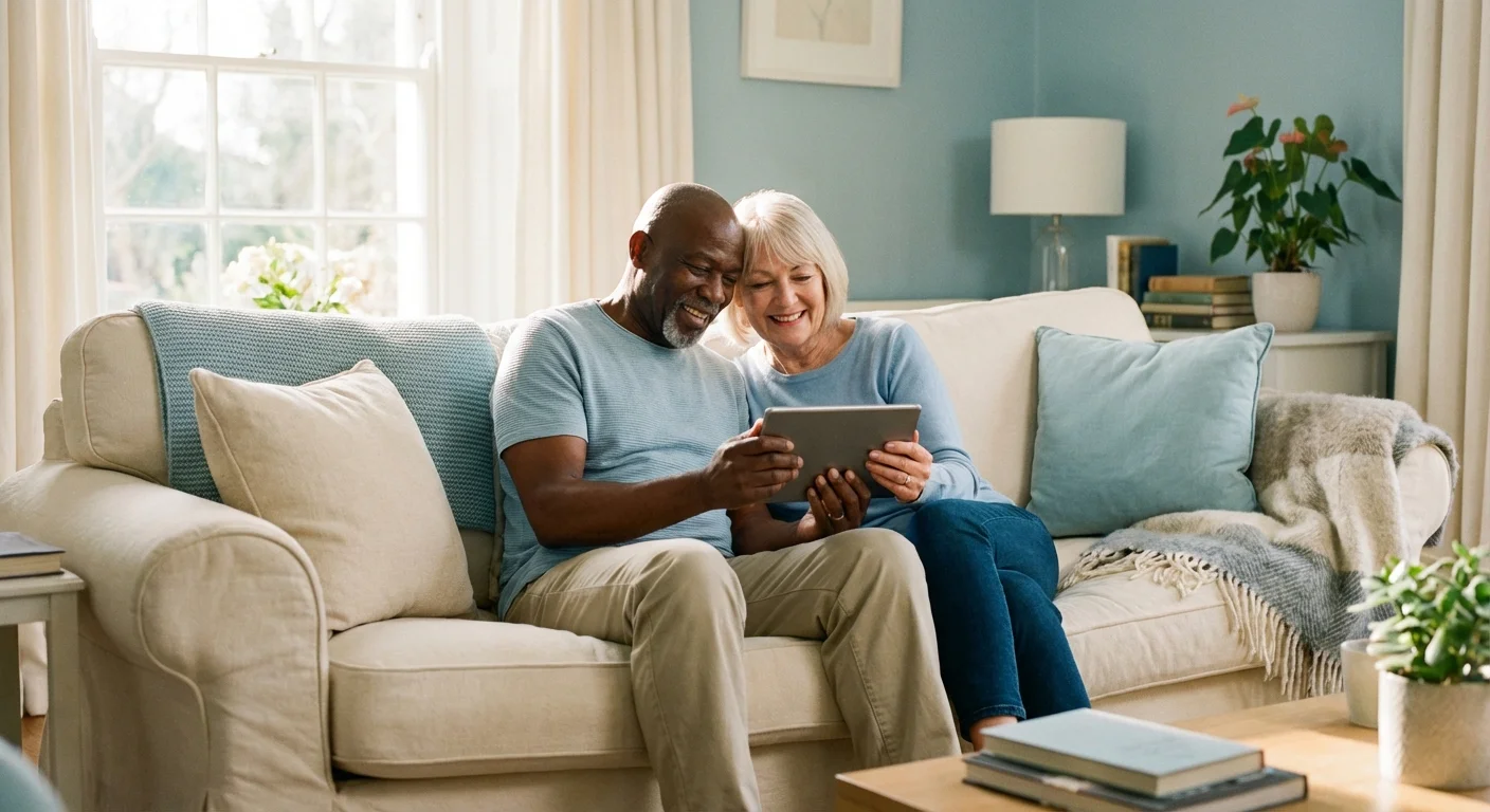 A happy senior couple looking at a tablet in a bright, cozy living room.