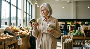 A senior woman thoughtfully shopping in a modern grocery store aisle.