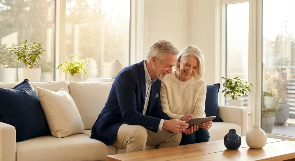 A senior couple smiling while looking at a tablet in a bright, modern living room.