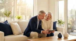 A senior couple smiling while looking at a tablet in a bright, modern living room.