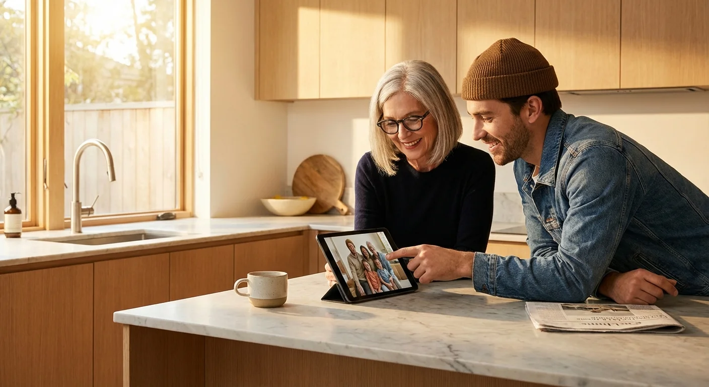 A Baby Boomer woman and Gen Z man looking at a tablet together in a sunlit modern kitchen.