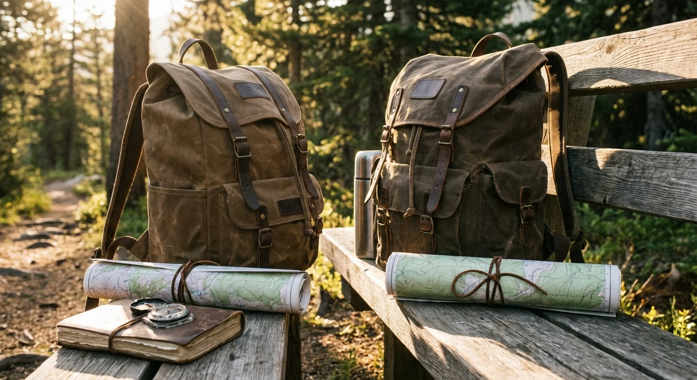 A backpack and trail map on a wooden bench.