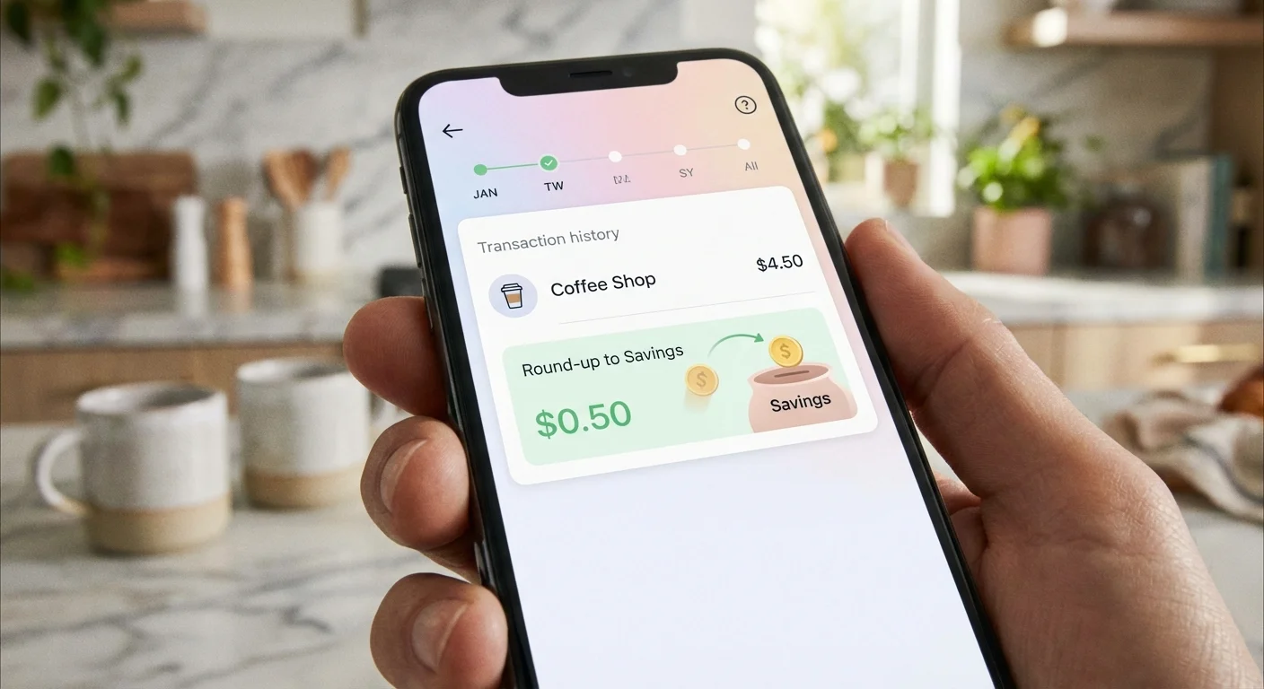 A banking app interface showing a transaction rounding up to save change.