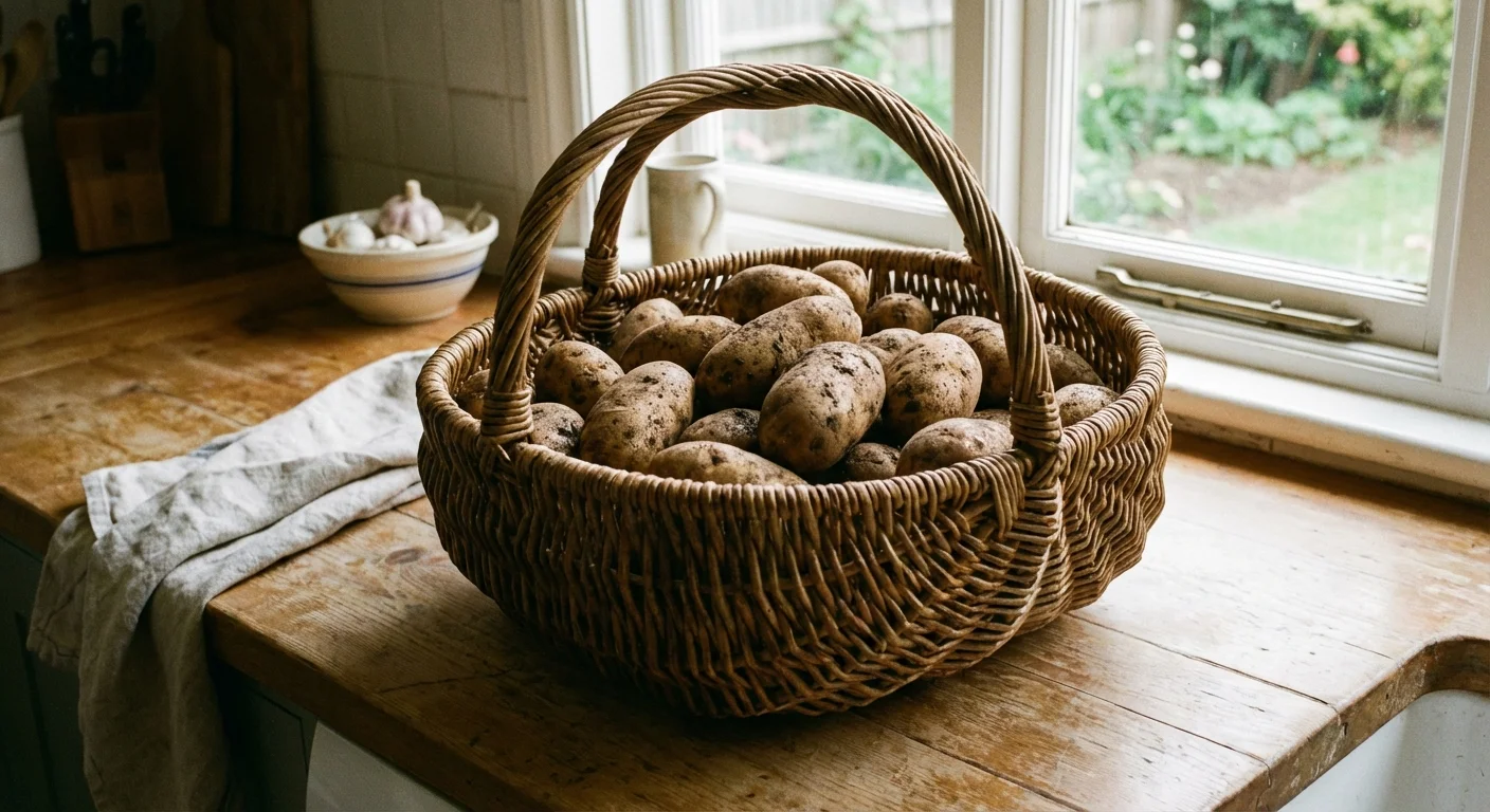 A basket of potatoes on a rustic wooden kitchen counter.