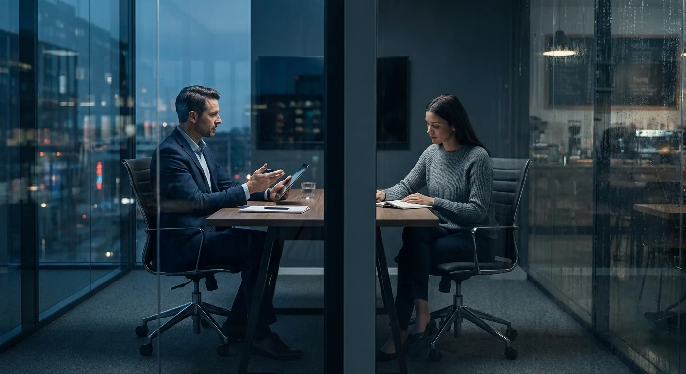 A boss and employee separated by a glass partition, symbolizing a lack of empathy.