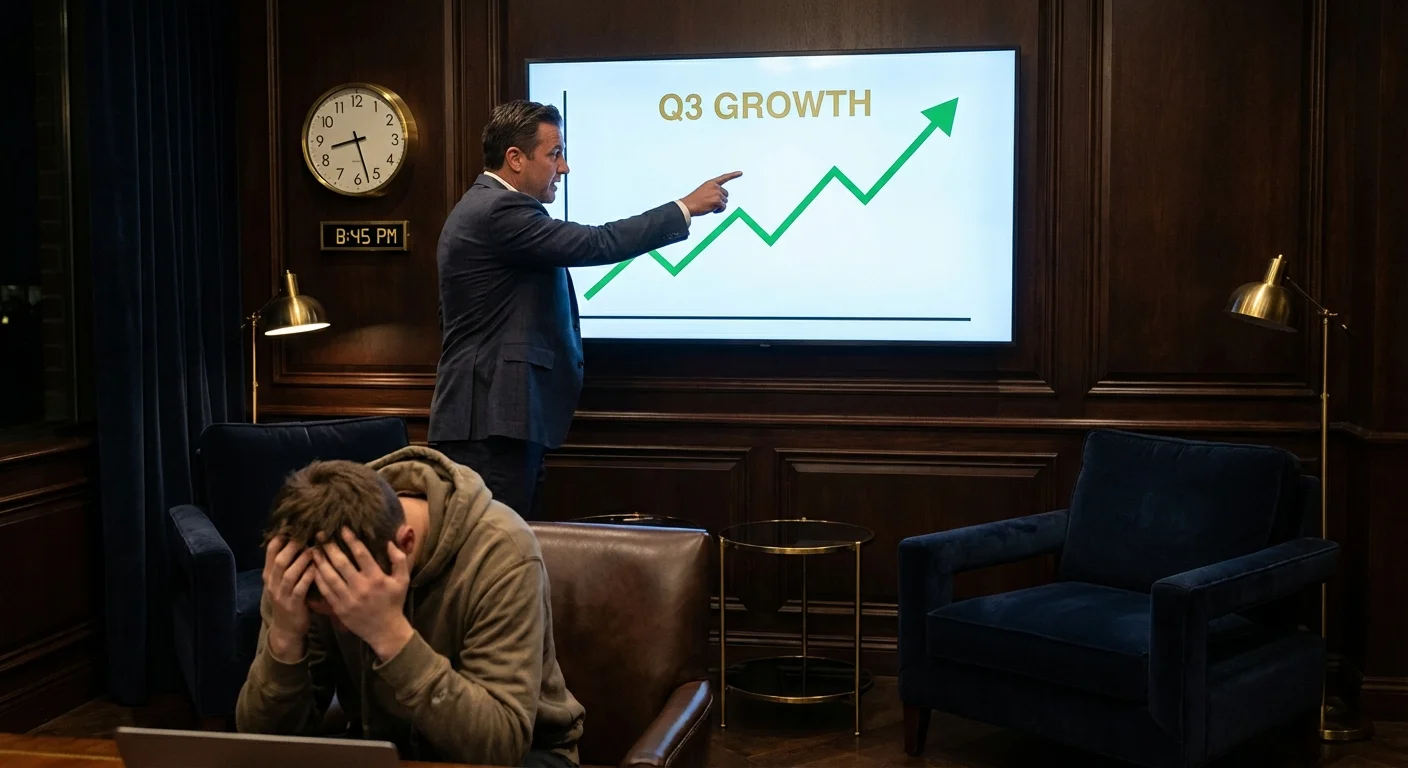 A boss celebrating a chart while ignoring an exhausted employee.