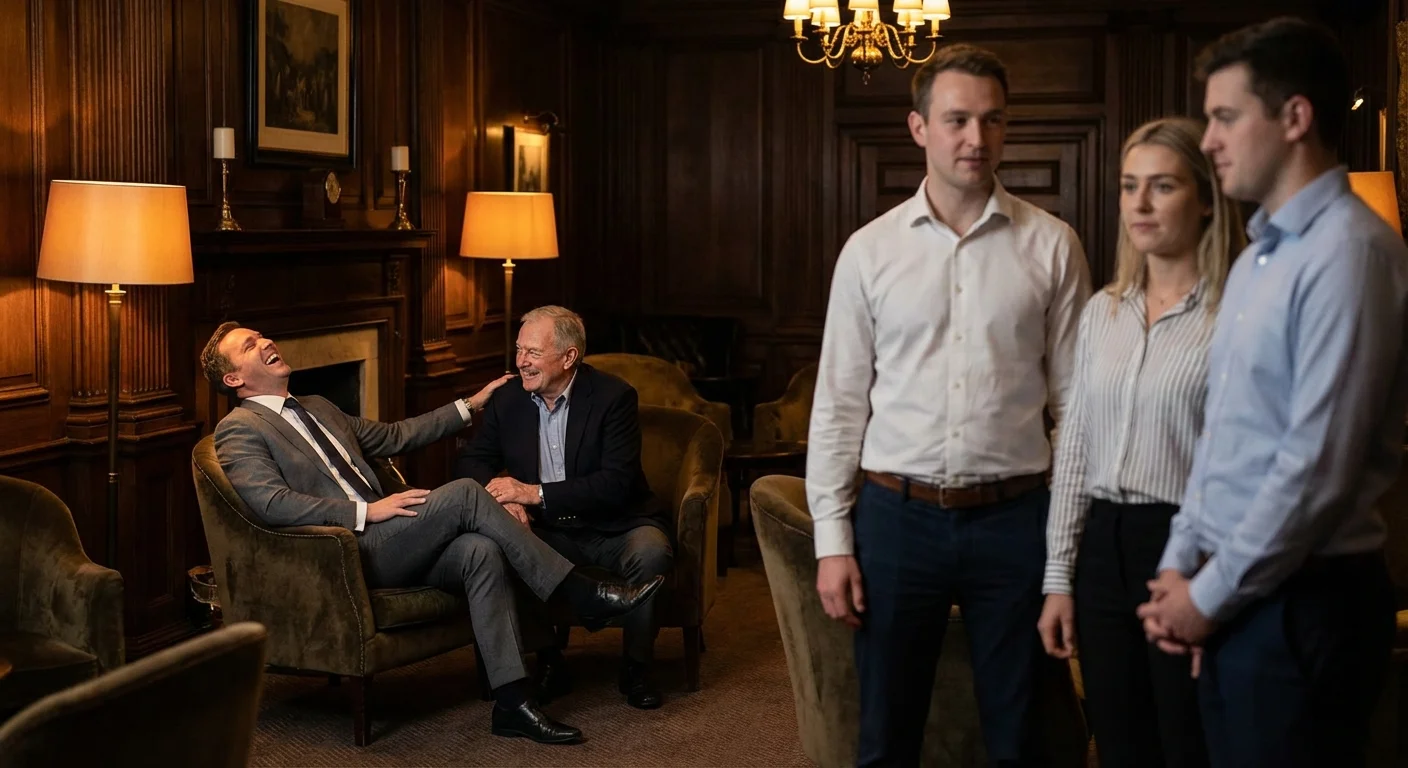 A boss laughing excessively with a senior executive while ignoring their own team.