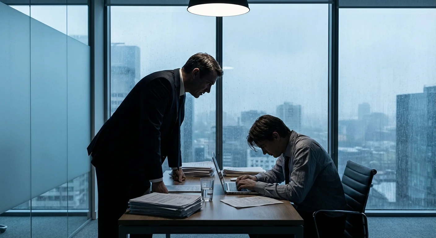 A boss leaning over an employee's desk in an aggressive, intimidating posture.
