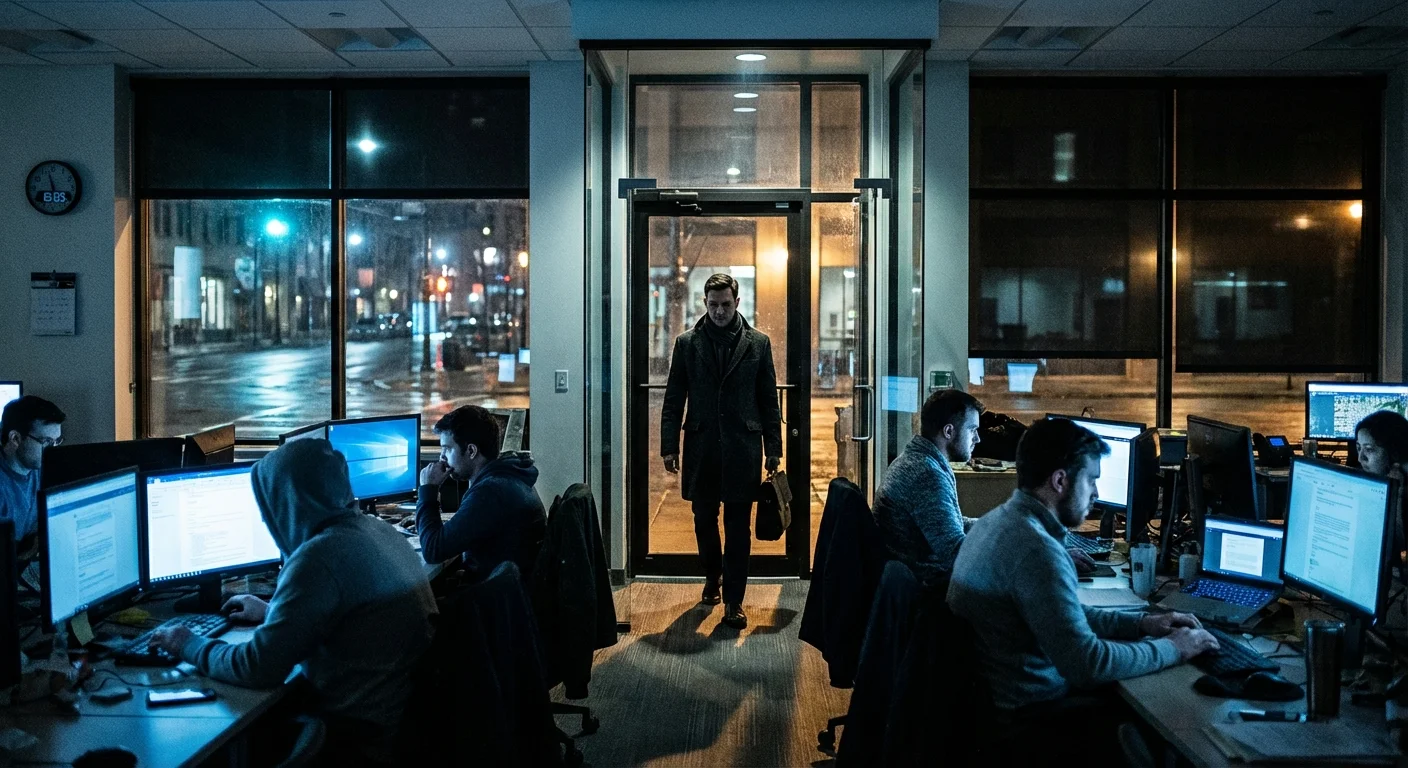 A boss leaving the office at night while the team continues to work late.