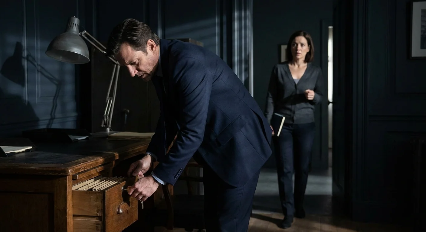 A boss locking a folder in a drawer as an employee approaches.