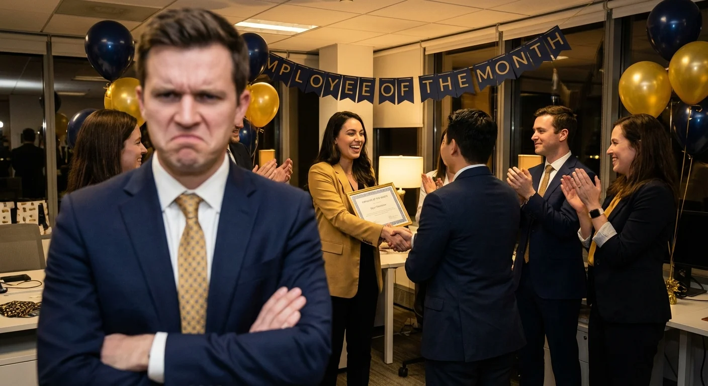 A boss looking annoyed in the foreground while an employee is celebrated in the background.