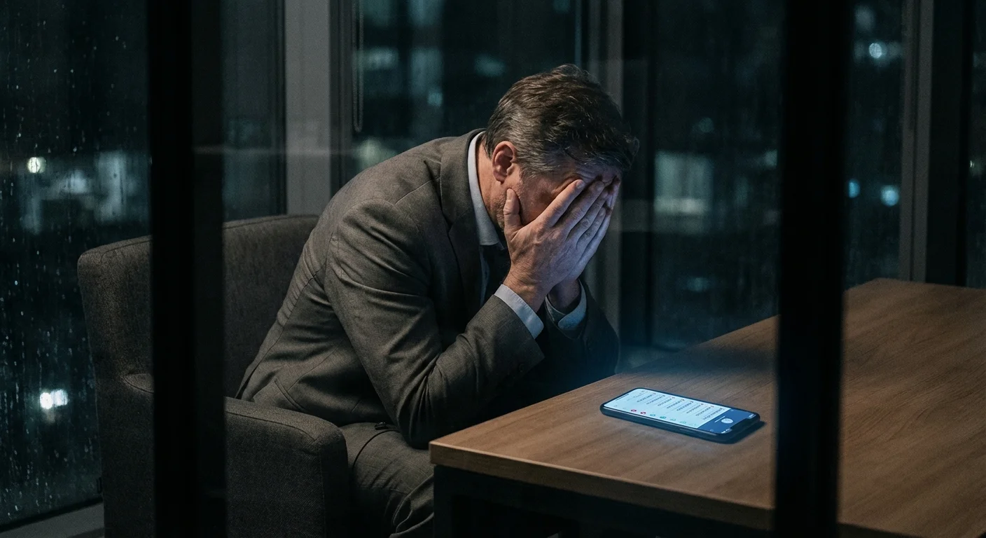 A boss looking stressed and overwhelmed in a dark office late at night.